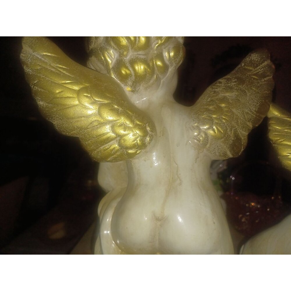 Ceramic Angels Pair White Glazed Antiqued Gold Wings - Picture 11 of 11